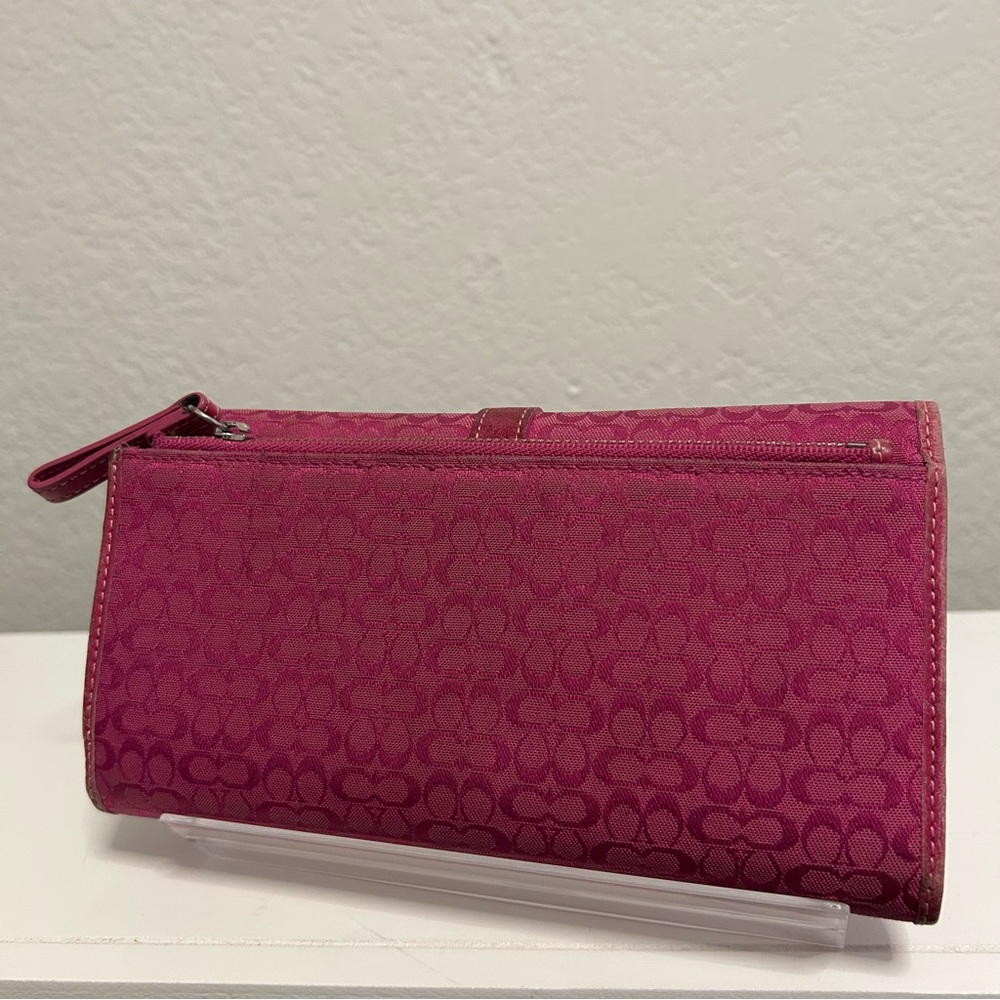 Coach Signature Canvas Leather Fuchsia Trifold Wallet with Checkbook - Picture 2 of 13